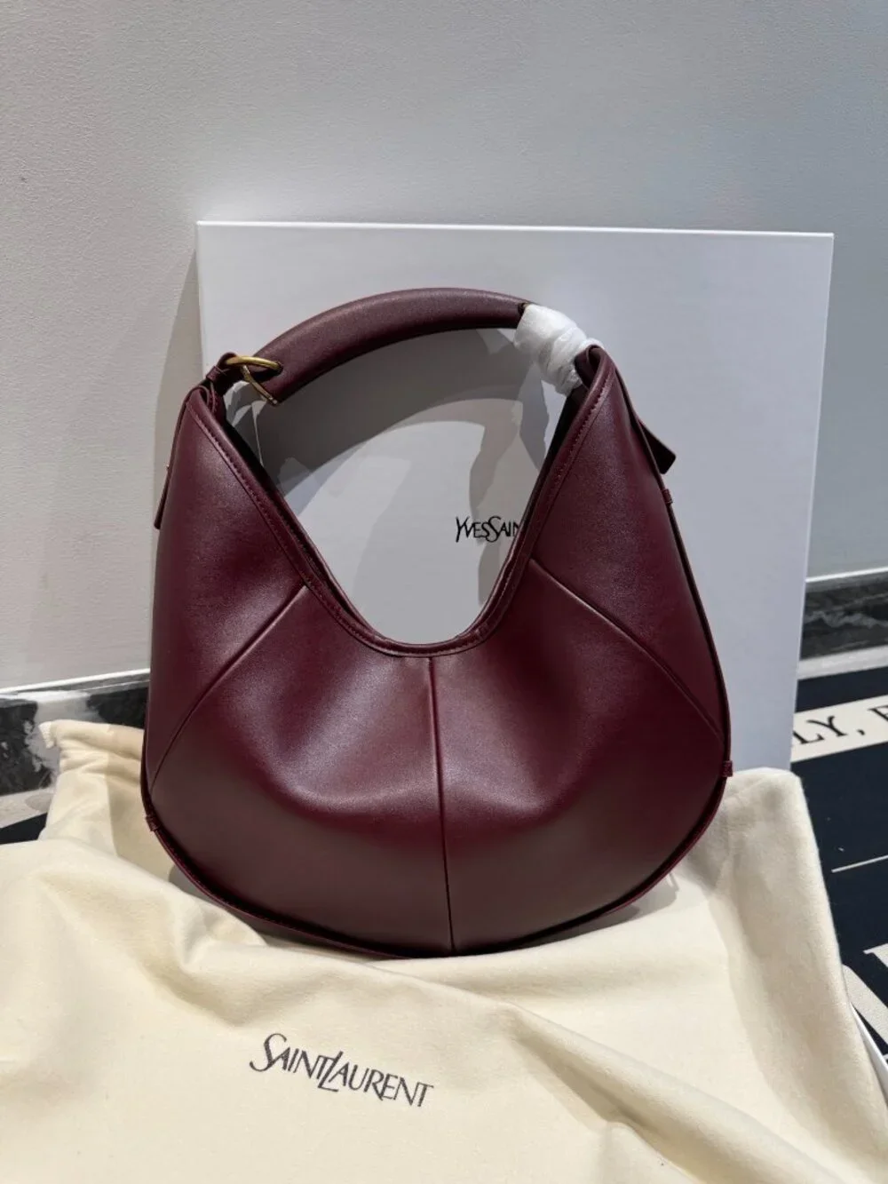 Saint Laurent Burgundy Soft Leather Hobo Bag Vintage Curved Handle
